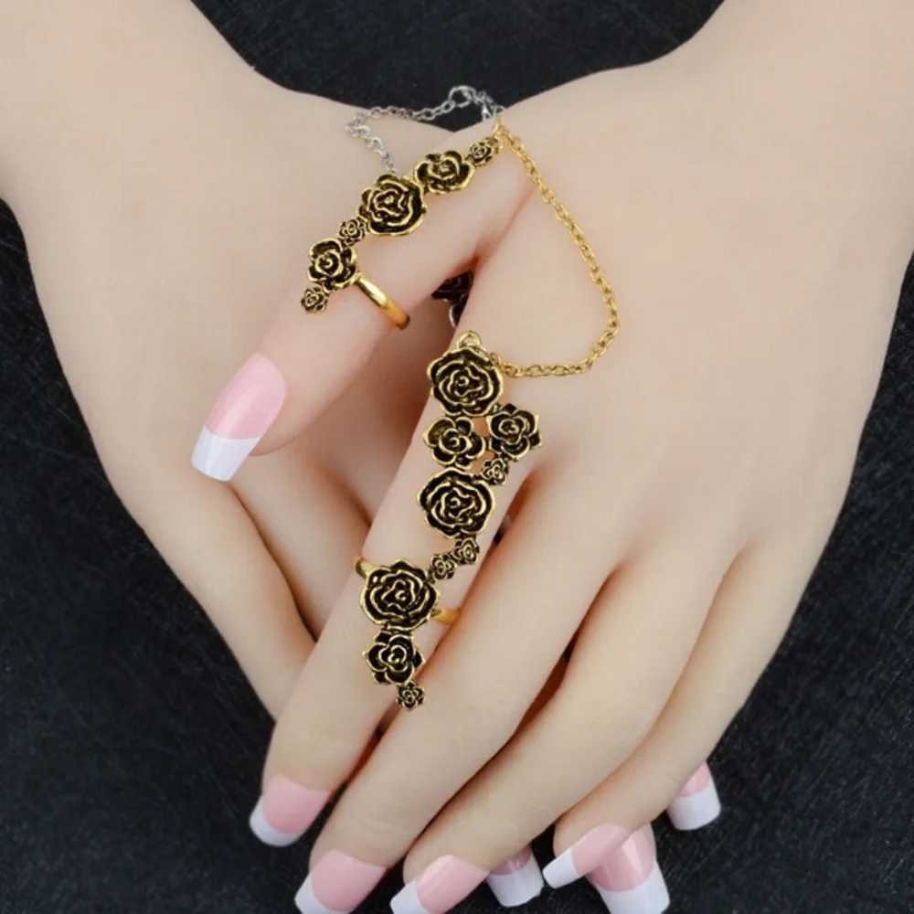 Antique Gold Floral Chain Boho Festival Ring Set - Picture 1 of 4